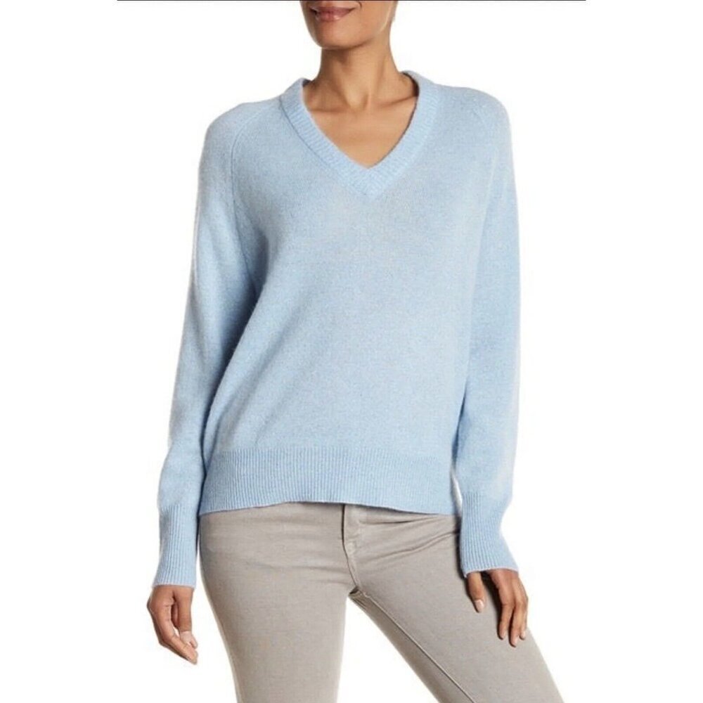 360CASHMERE 100% Soft Cashmere Blue Relaxed Fit V Neck Pullover Sweater